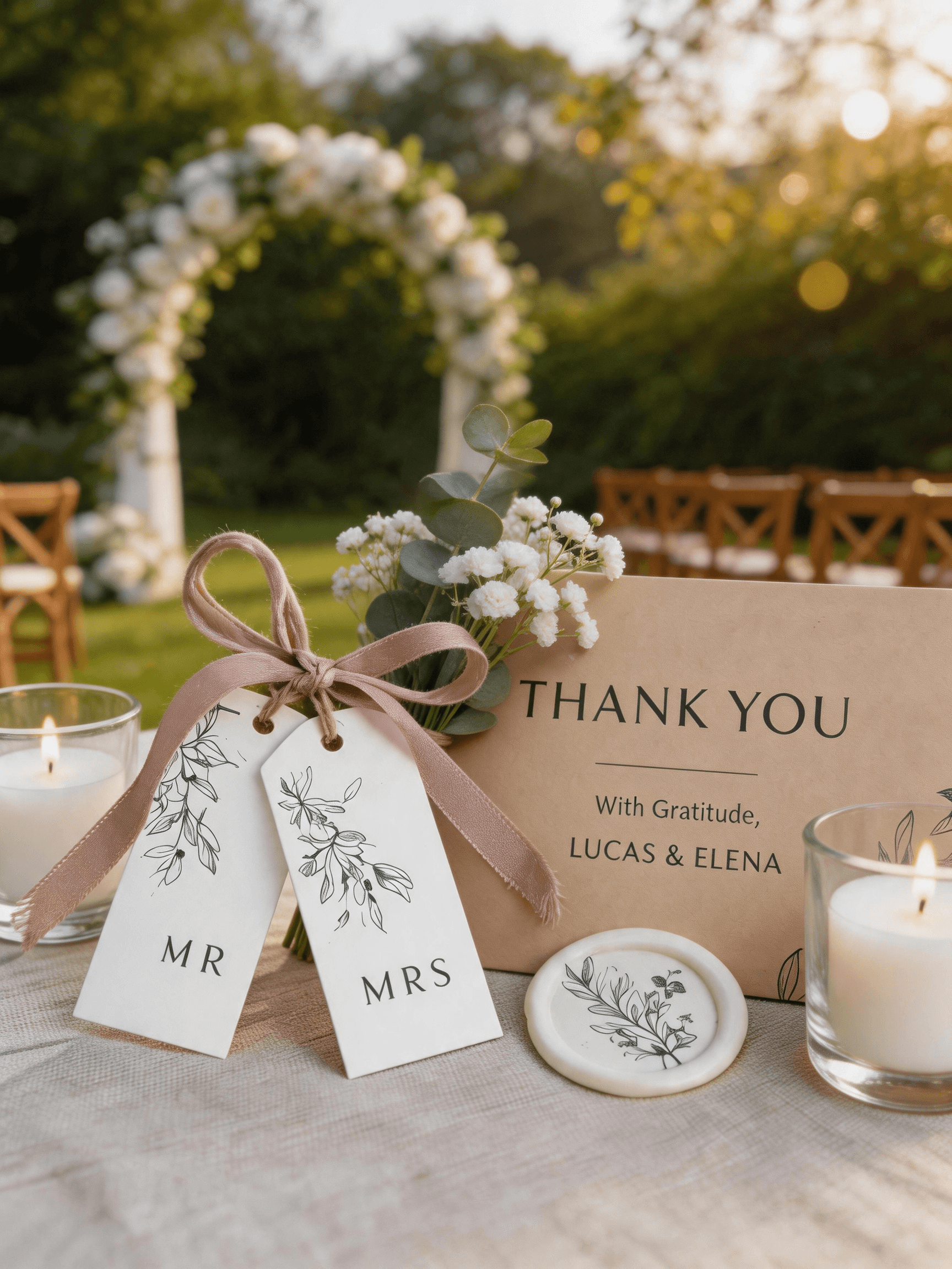 WhimWrap wedding packaging — floral arch gift display