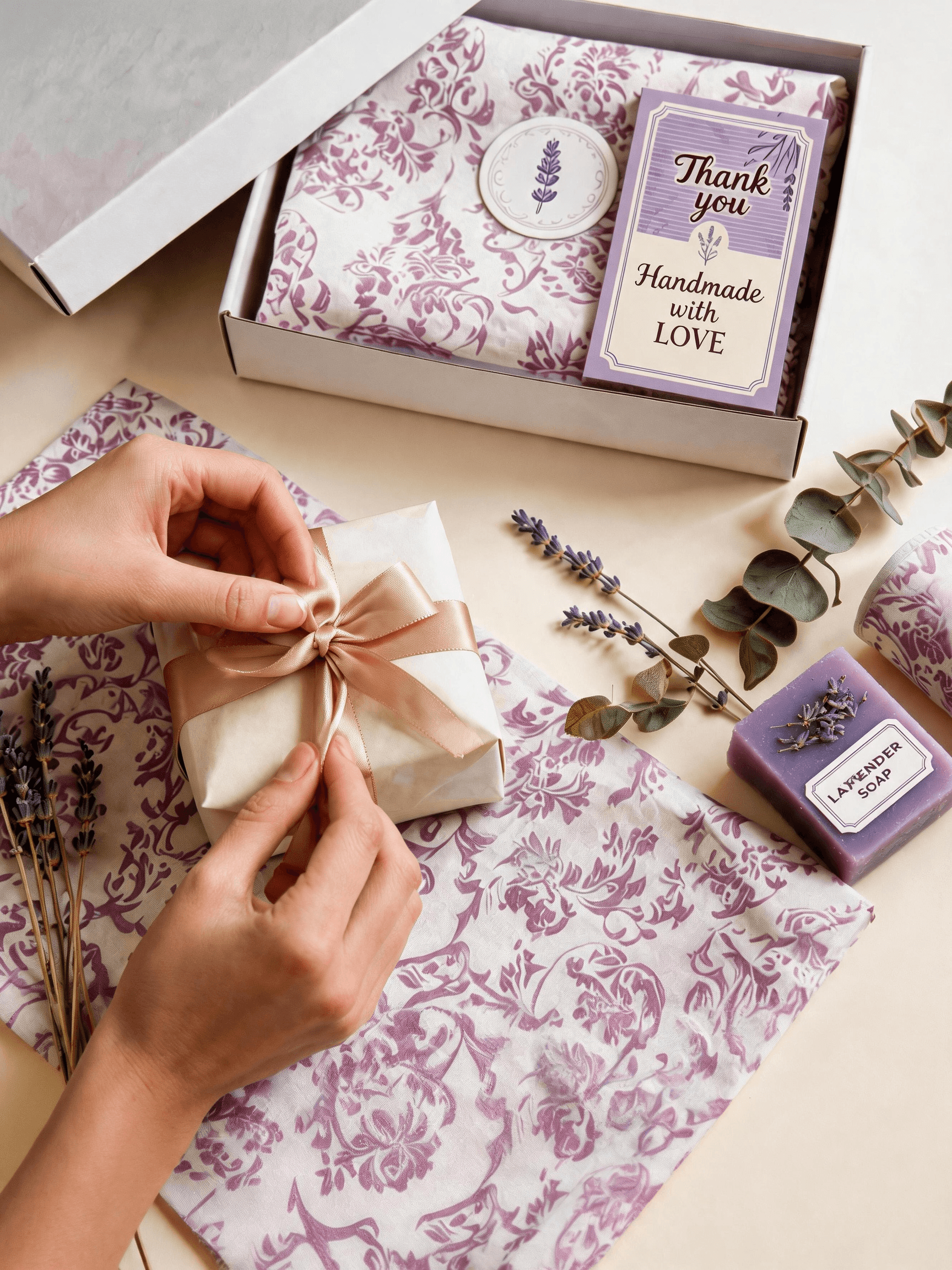 WhimWrap lavender boutique packaging — gift box, thank-you card, and lavender soap